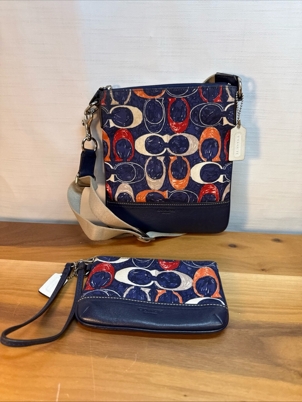 COACH Set (2) Legacy Signature C Print Crossbody Purse Bag & Wristlet Blue